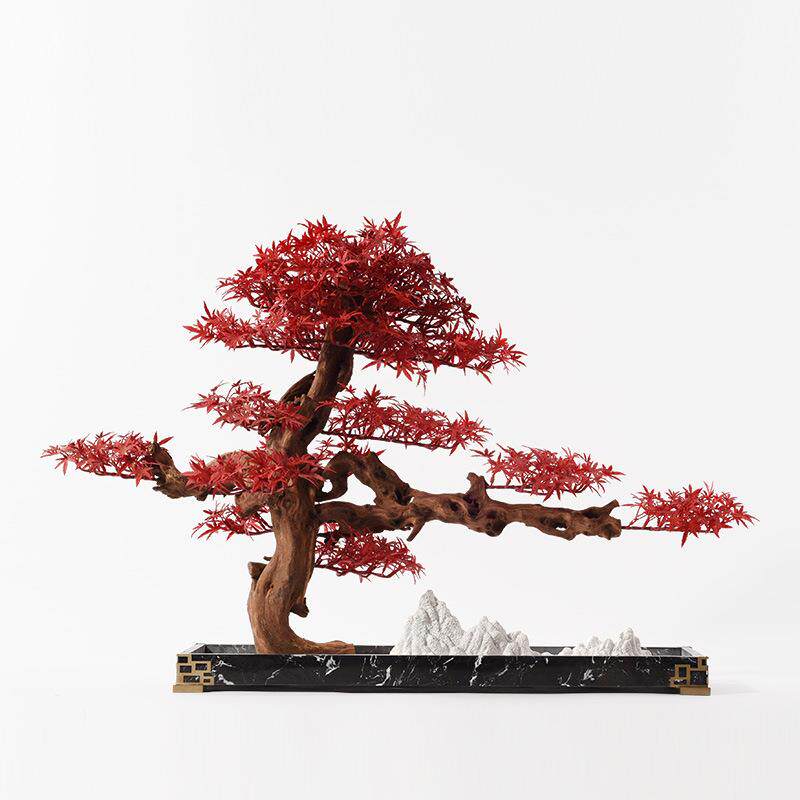 艺贝子新中式禅意仿真红枫叶迎客松摆件茶室茶桌盆景走廊装饰品