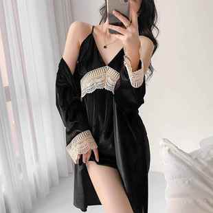 性感睡衣女士冬季丝绒吊带睡裙加绒蕾丝带胸垫睡衣黑色两件套睡袍
