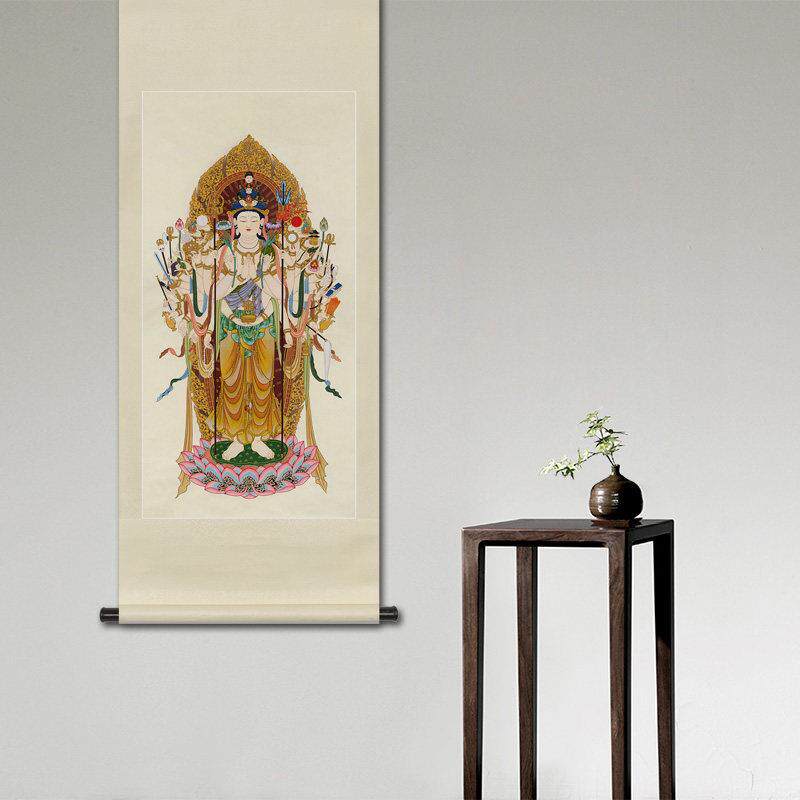 工笔唐卡人物国画千手千眼观音菩萨画像书房玄关中式挂画卷轴画框