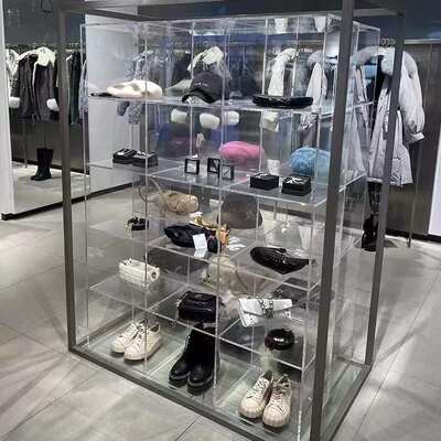 高端彩色透明亚克力展示柜定制带灯服装鞋包店上墙落地陈列货架台