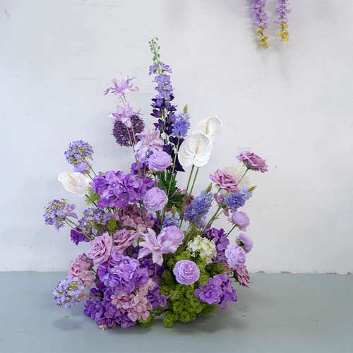 婚礼装饰紫色壁挂花艺 KT板墙面摄影背景布置绢花挂花地排花
