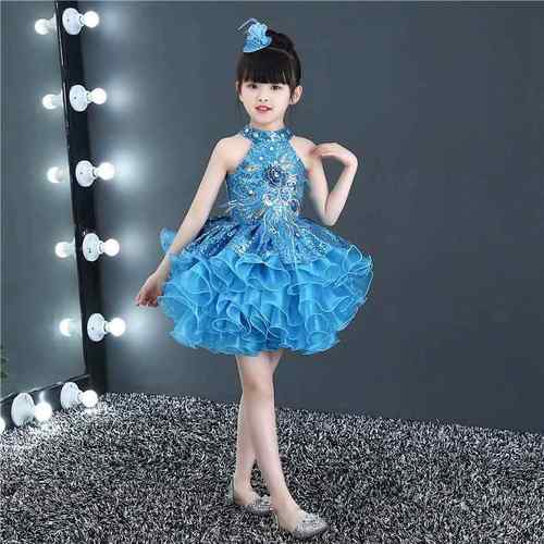 高档儿童装表小演服女童亮片裙裙裙面裙纱学生主持舞蹈表演服装