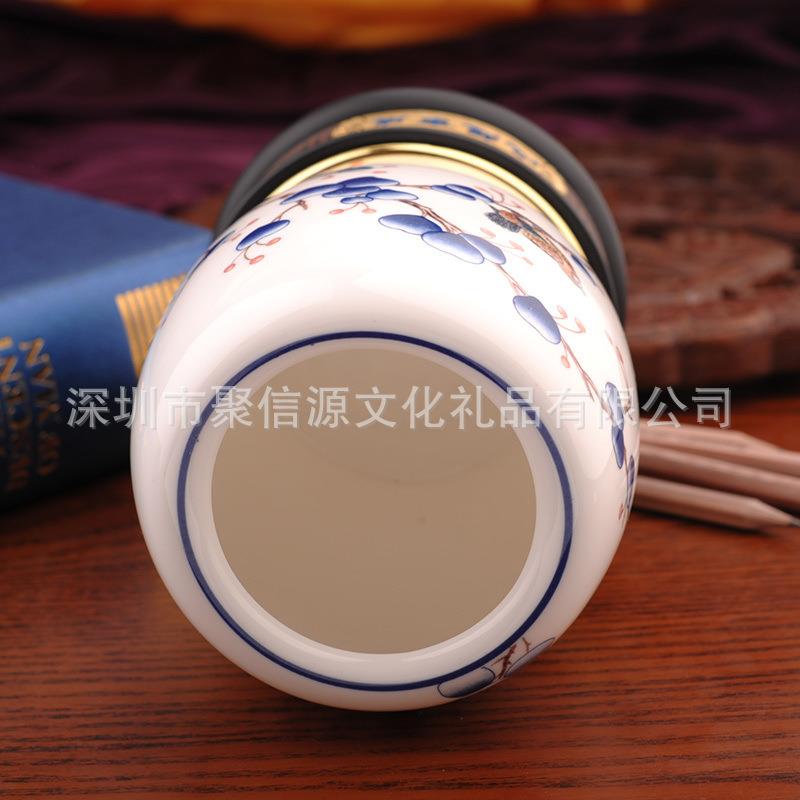 中国风圆形陶瓷办公旋转笔筒青花瓷办公室桌面摆件商务企业礼品