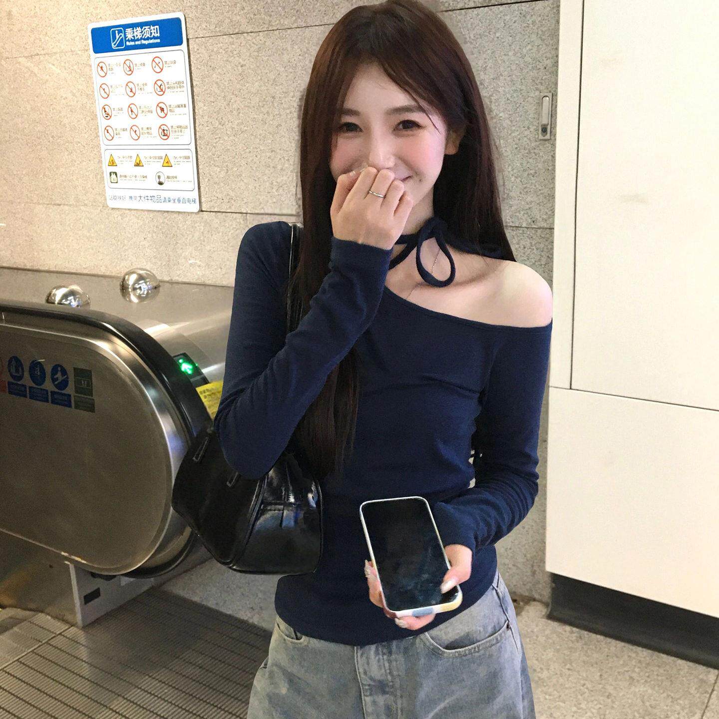 法式Rixo Kelly系带挂脖斜肩长袖t恤修身收腰设计感辣妹露肩上衣