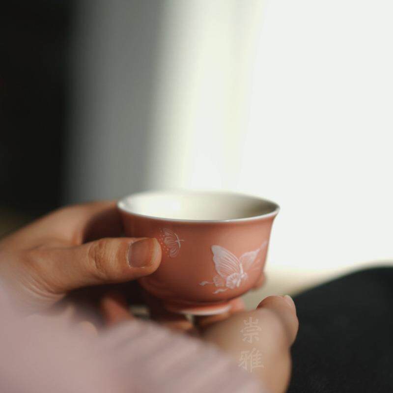 景德镇沐云言物中式手绘花飞蝶舞主人杯茶杯