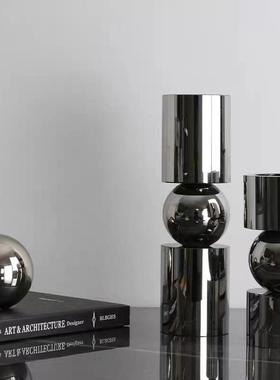 现代简约欧式轻奢烟灰色几何水晶烛台摆件样板房售楼处软装饰品