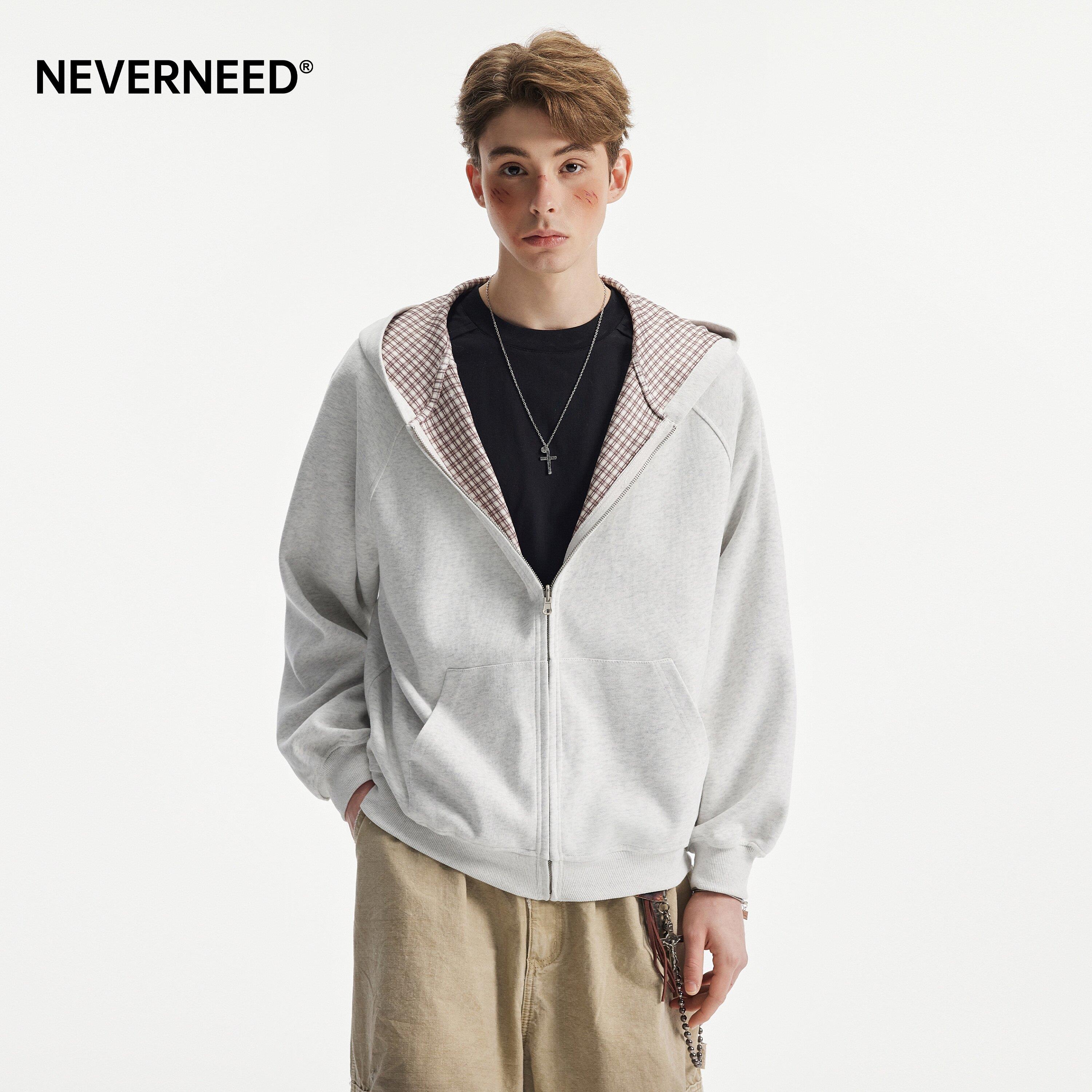 NEVERNEED双面穿格纹连帽卫衣男女春季美式潮牌宽松廓形情侣帽衫