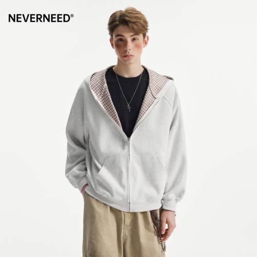 NEVERNEED双面穿格纹连帽卫衣男女春季美式潮牌宽松廓形情侣帽衫