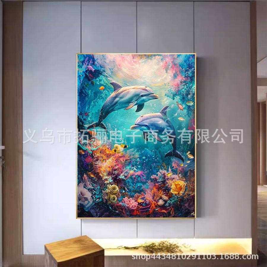 新款直销卡通儿童房钻石画新款小幅动物海豚贴钻十字绣海底世界卧