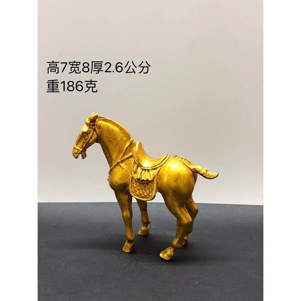 古玩铜器镀金唐马摆件战马带马鞍小马驹鎏金铜马室内桌面装饰摆件