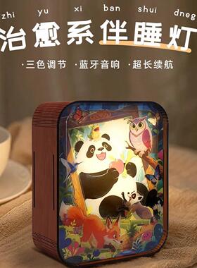 卡通熊猫触控木雕灯画蓝牙音响摆台桌面3D立体小夜灯摆件文创礼物