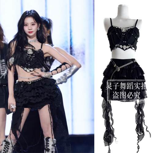 新款张紫宁同款黑色Kpop打歌服水钻重工酒吧gogo舞台DJ打碟演出服
