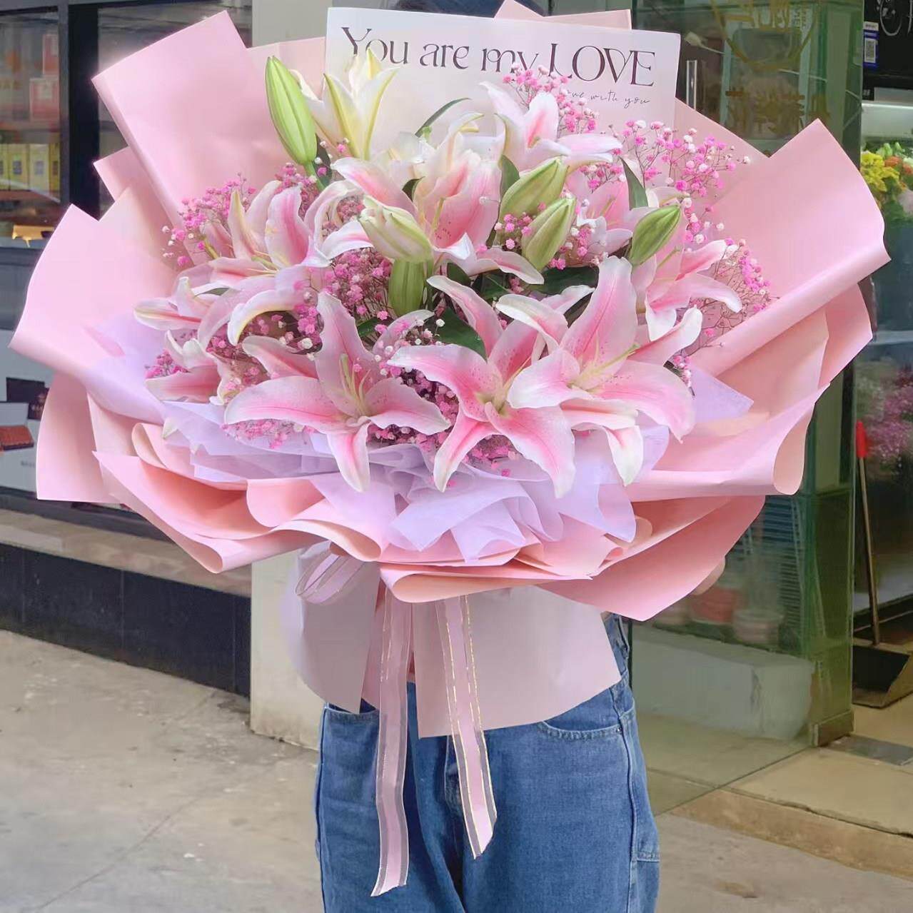 百合花束混搭粉百合白百合玫瑰鲜花香水配送生日礼物同城花店速递