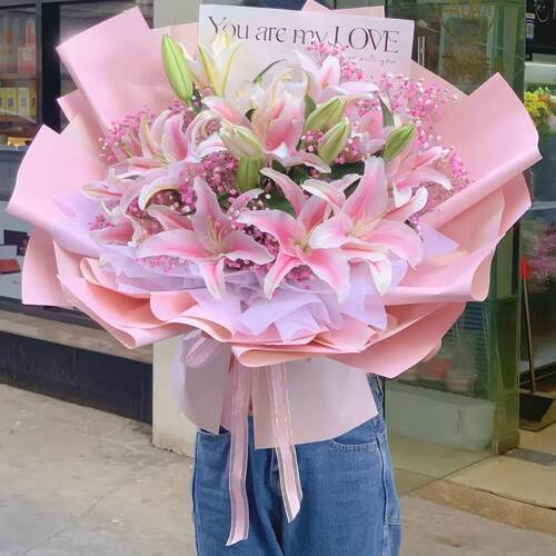 百合花束混搭粉百合白百合玫瑰鲜花香水配送生日礼物同城花店速递