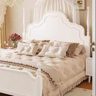 法式奶油风白色双人实木床主卧复古中古风美式床简约储物床家具