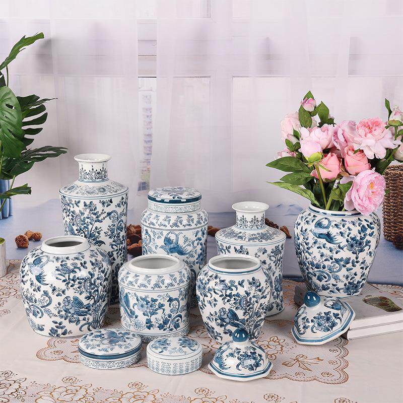 景德镇陶瓷花器仿古青花手绘花瓶花插茶道水培创意博古架陶瓷摆件