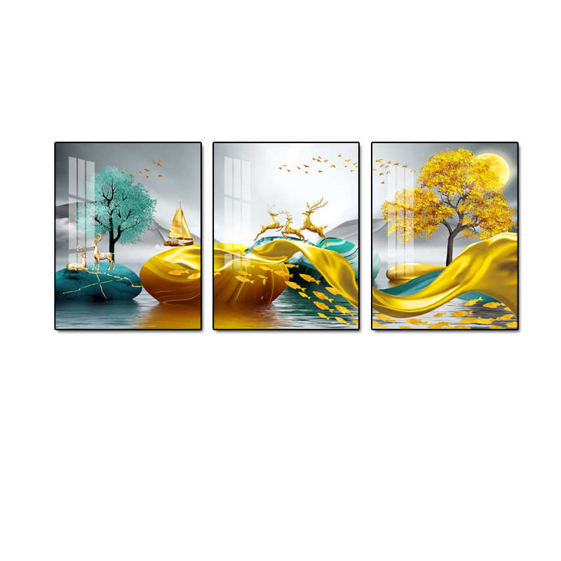 客厅沙发背景墙三联画高档装饰画 现代新中式轻奢福鹿挂画 晶瓷画图片