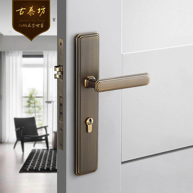 纯铜门锁室内卧室房门锁静音磁吸木门把手别墅双开门锁具中式