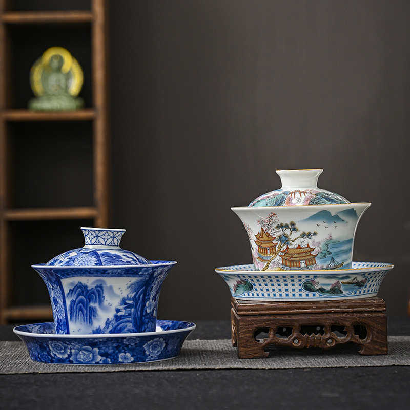 老陶泥青花山水马蹄盖碗茶杯功夫三才碗家用陶瓷泡茶器茶碗单个,餐饮具,盖碗,淘宝优惠券,粉丝福利购,淘宝优惠卷