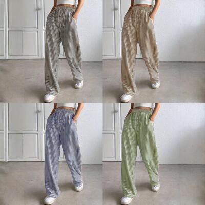 Women's Casual Striped Woven Drawstring Waist Wide Leg Pants