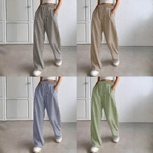Wide Leg Woven Pants with Elastic Drawstring Waist Casual