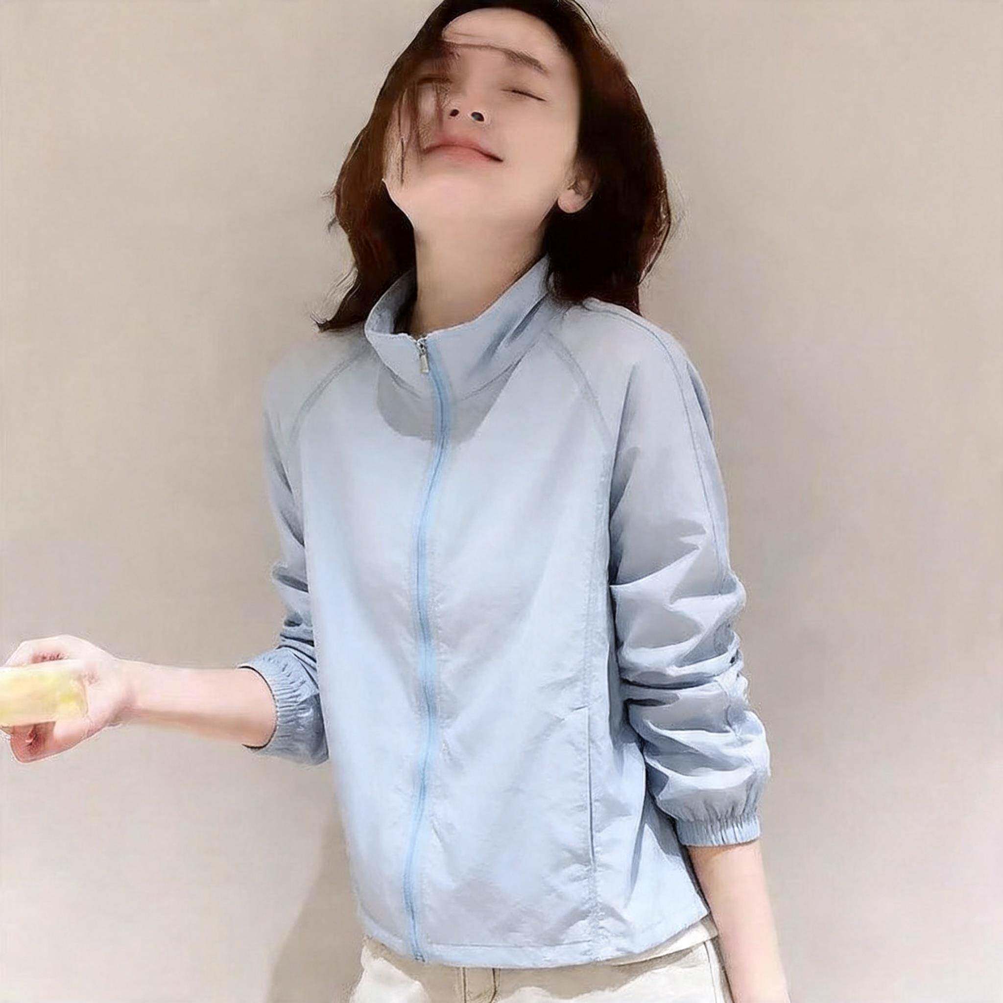 韩版蓝色轻薄防晒衣女宽松显瘦立领拉链外套透气休闲上衣26夏新款