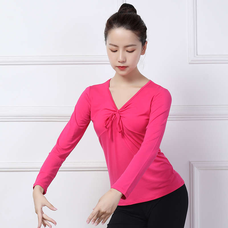 V领舞蹈服上衣广场舞练功服莫代尔中袖服装中老年玫红跳舞衣服秋