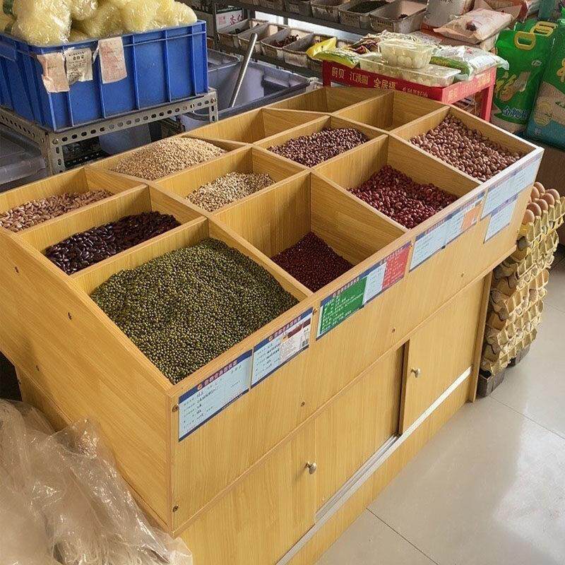超市五谷杂粮干果展示柜木质货架米粮桶米斗零食粮食架子散装柜子
