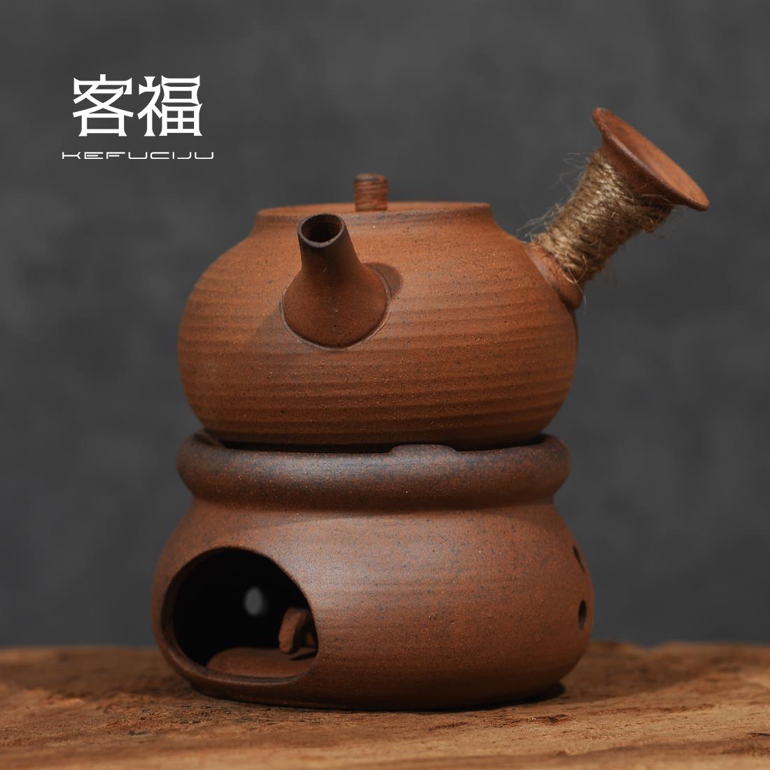 客福 粗陶无釉手工茶壶老岩泥侧把壶急须壶提梁单壶家用覆古陶瓷