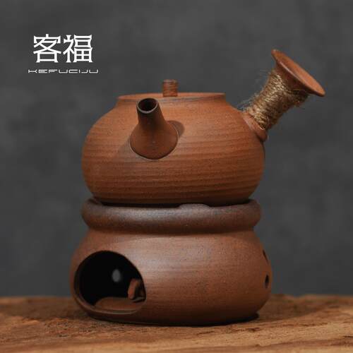 客福 粗陶无釉手工茶壶老岩泥侧把壶急须壶提梁单壶家用复古陶瓷