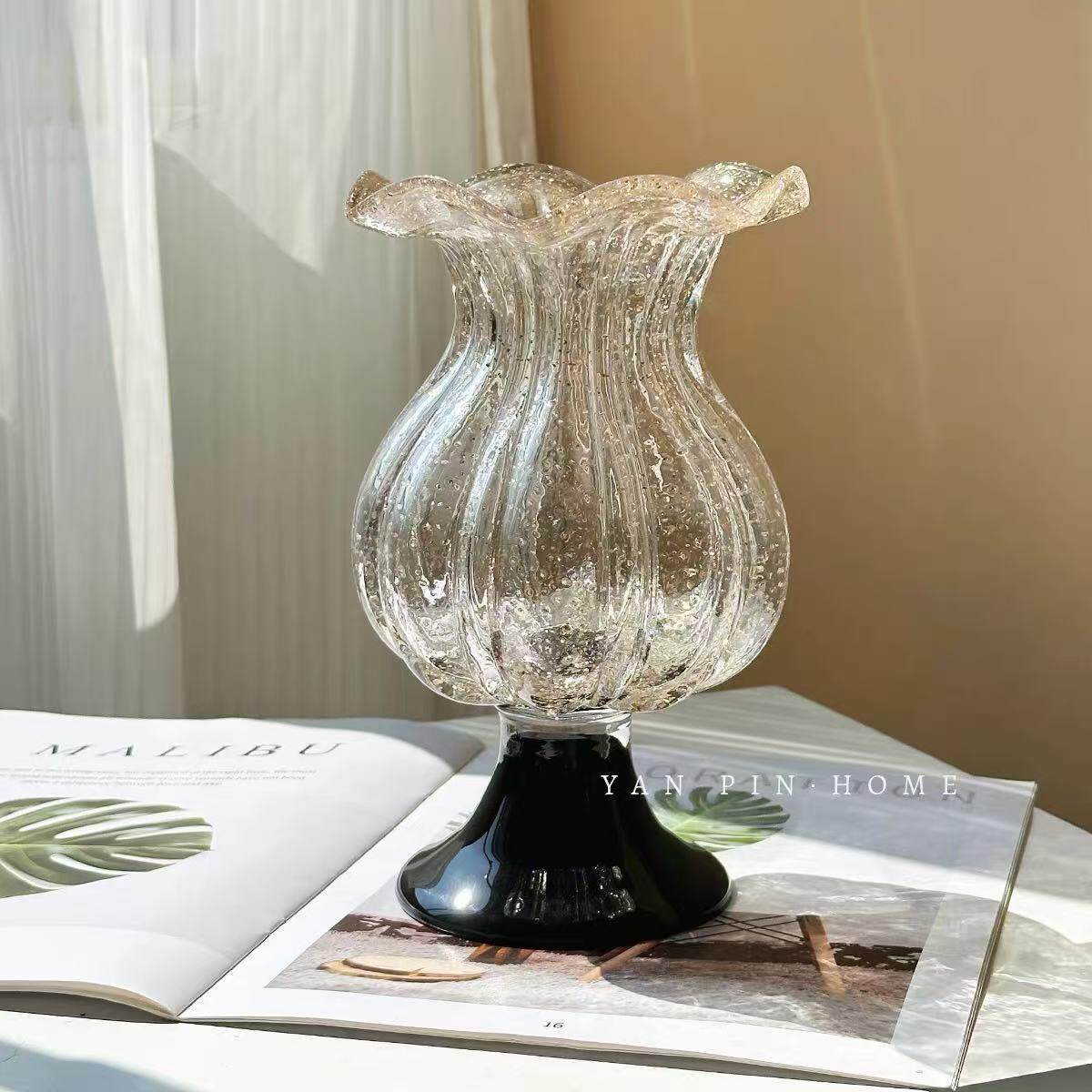 中古风透明洒金琉璃花瓶法式高级感玄关客厅艺术花器软装玻璃摆件