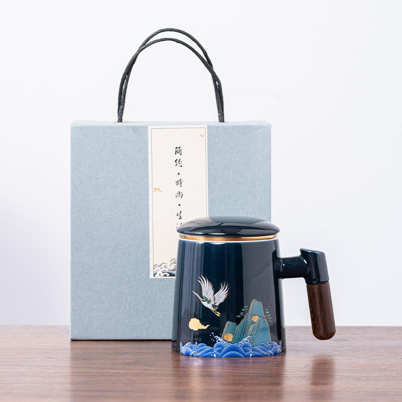 陶瓷泡茶杯带盖茶水分离杯过滤水杯创意木柄杯子办公杯礼品杯国潮