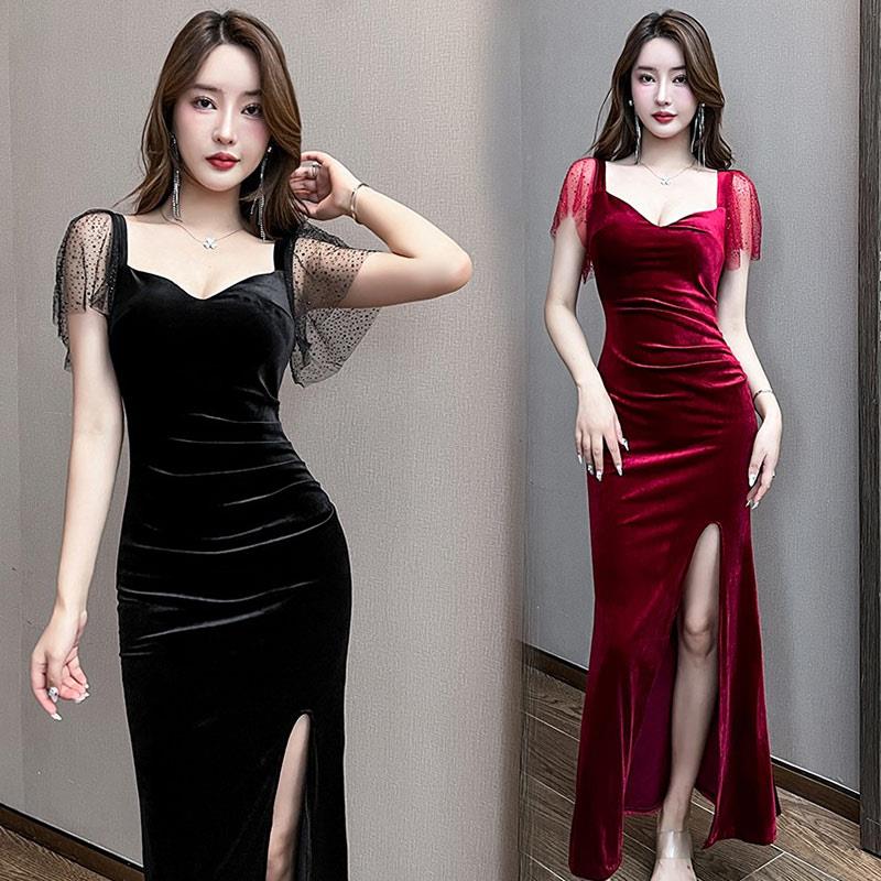 晚礼服长裙夜店女装夜场工作服宴会气质高端性感金丝绒长版洋装