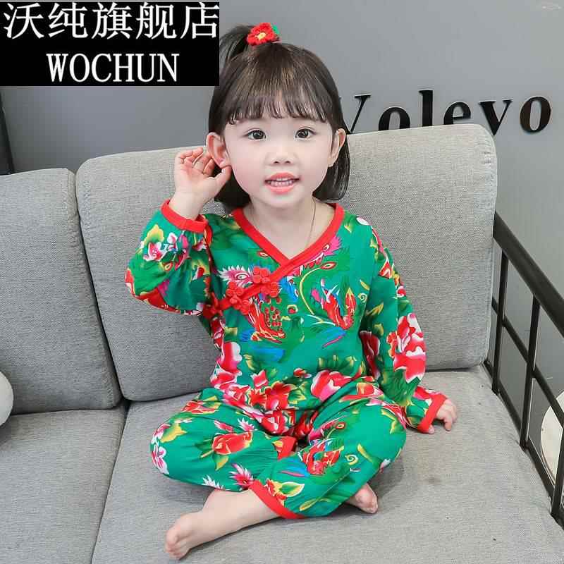 儿童纯棉睡衣春秋装女童长袖东北大花布套装小女孩宝宝复古家居服