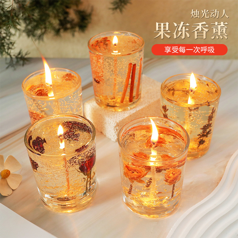 真花金箔果冻香薰蜡烛大豆蜡精油熏香花艺蜡烛玻璃杯香氛摆件