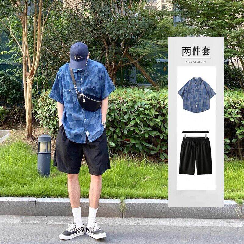 轻奢日系复古工装短袖衬衫男夏季潮牌休闲套装宽松多口袋牛仔衬衣