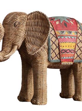 编织纹手绘大象摆件客厅电视柜酒柜玄关摆饰树脂工艺品摆件创意