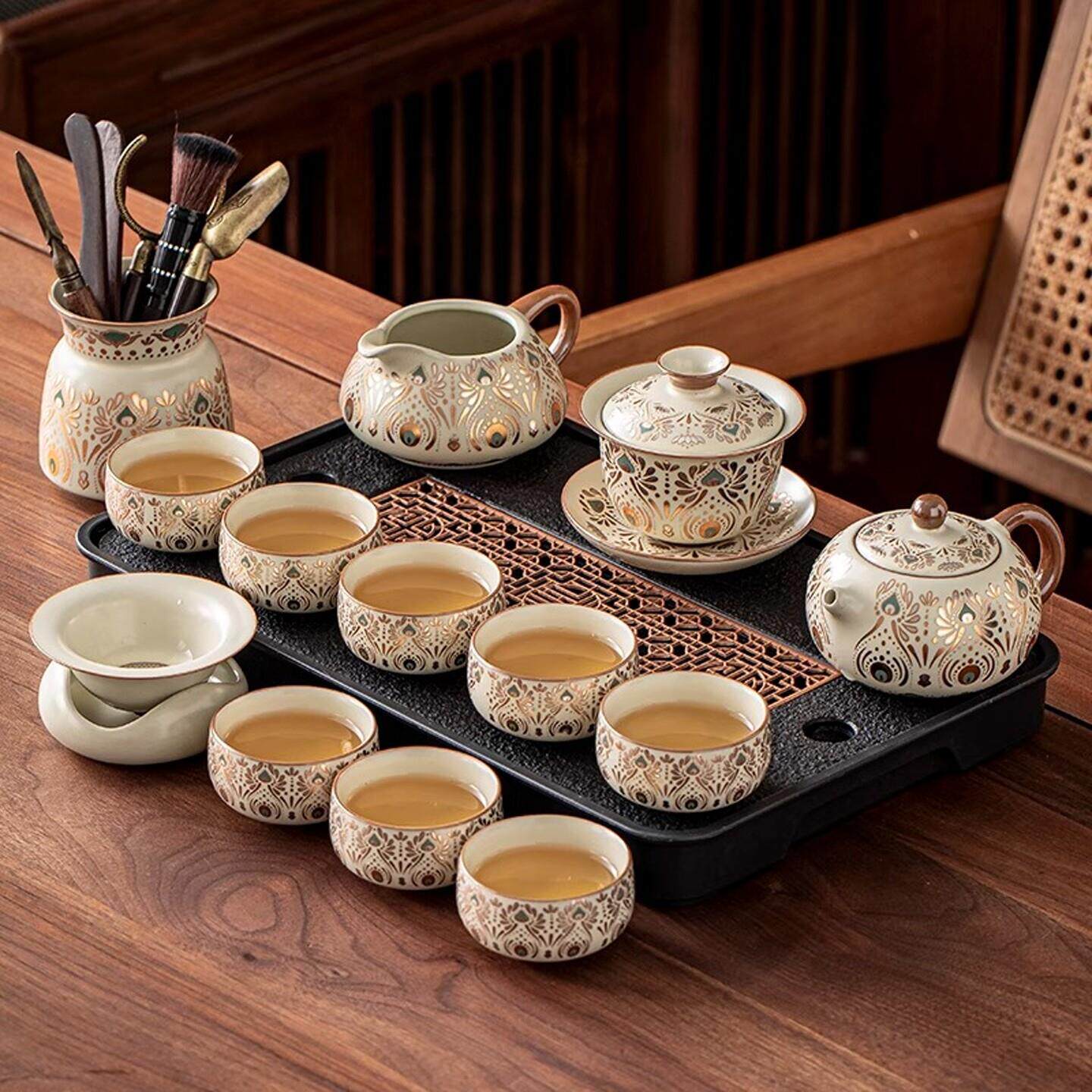 汝窑覆古敦煌家用高档轻奢陶瓷功夫茶壶茶杯茶盘茶杯功夫茶具套组