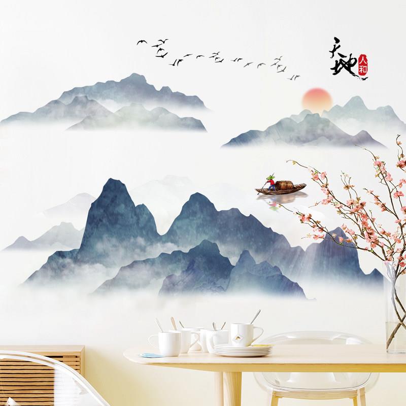 客厅玄关新中式背景墙壁装饰墙贴纸自粘diy个性创意水墨风景墙纸