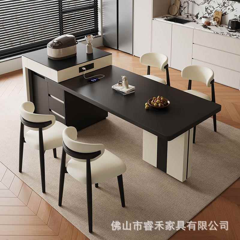 全实岛木台餐桌组椅合家用一体可伸缩高岛台端复古桌岩板岛台餐吃