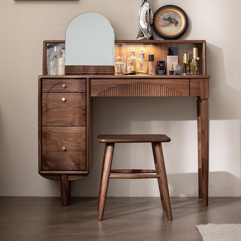 北欧简约复古黑胡桃木梳妆台原木樱桃木小户型卧室收纳多功能书桌