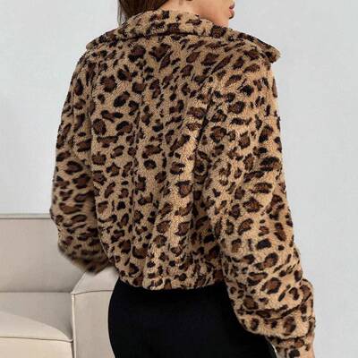 Women's Leopard Print Fleece Zip Hooded Jacket  Fashion