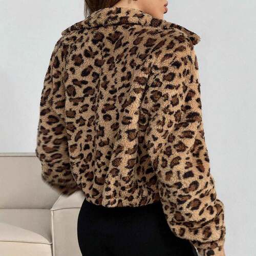 Women's Leopard Print Fleece Zip Hooded Jacket  Fashion