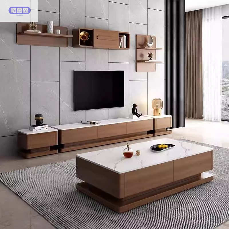 新款现代简约全实木电视柜胡桃色实木岩板茶几组合客厅家用地柜