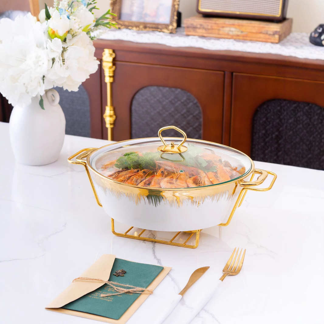 casserole圆形陶瓷锅烤盘蜡烛加热酒店圆形汤锅金色架子蜡烛烤盘