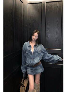 美式复古翻领长袖开衫外套女冬季牛仔套装设计感包臀半身裙两件套