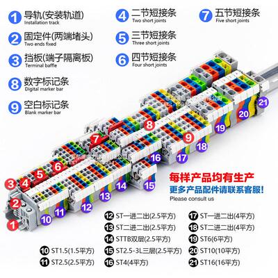 菲尔浦导轨式免螺丝弹簧接线端子ST2.5 0.2-2.5MM快速直插端子排