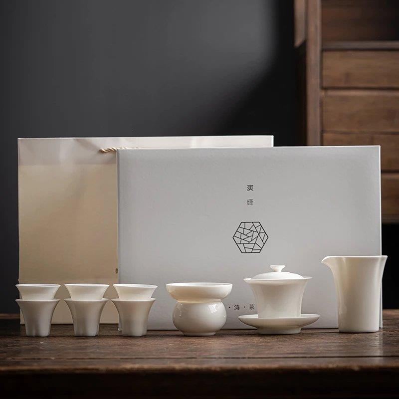 羊脂玉白瓷海棠盖碗十头套组商务套装旅行茶具套装茶具陶瓷套装