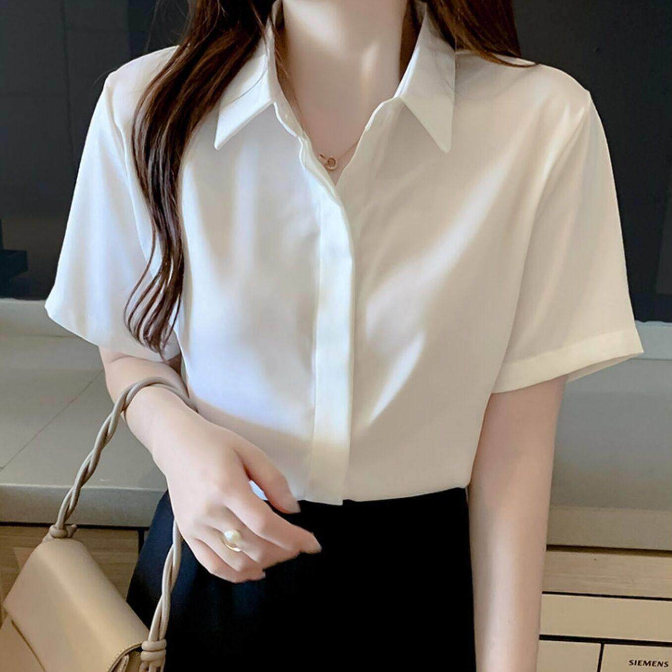 2025新款白衬衣职业雪纺短袖衬衫女设计感工作长袖气质蓝色上衣寸