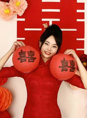 结婚红色喜字灯笼领证拍照道具喜事双囍纸灯笼中式婚礼婚房布置